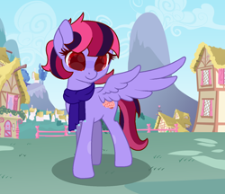 Size: 1278x1103 | Tagged: safe, artist:3173_delta, oc, oc only, oc:featherbrain, pegasus, pony, g4, base used, clothes, digital art, female, mare, outdoors, pegasus oc, pink hair, pink mane, pink tail, purple coat, red eyes, scarf, screencap background, solo, tail, wings