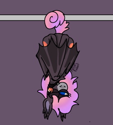 Size: 928x1026 | Tagged: safe, artist:arsonrabbit, oc, oc only, oc:wild peach, bat pony, pony, g4, bat pony oc, bat wings, black coat, blue eyes, choker, digital art, female, hanging, hanging by tail, hanging upside down, jewelry, looking away, necklace, one eye closed, pink hair, pink mane, pink tail, purple background, signature, simple background, solo, tail, upside down, wings