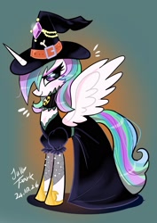 Size: 1240x1754 | Tagged: safe, artist:jully-park, gameloft, princess celestia, alicorn, pony, g4, my little pony: magic princess, clothed ponies, clothes, costume, female, hat, hoof shoes, mare, princess shoes, slender, smiling, solo, spread wings, that was fast, thin, wings, witch costume, witch hat