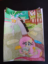 Size: 750x1000 | Tagged: oc name needed, safe, artist:yenne97, discord, fluttershy, oc, draconequus, hybrid, pegasus, pony, g4, baby, crayon drawing, female, fluttershy's cottage, interspecies offspring, male, offspring, parent:discord, parent:fluttershy, parents:discoshy, ship:discoshy, shipping, sitting, straight, traditional art