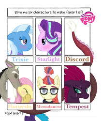 Size: 577x689 | Tagged: safe, artist:froggycrystals, discord, fluttershy, moondancer, starlight glimmer, tempest shadow, trixie, g4, blushing, breaking the fourth wall, broken horn, female, glasses, heart, heart eyes, horn, lesbian, looking at each other, looking at someone, male, ship:discoshy, ship:startrix, shipping, six fanarts, straight, wingding eyes