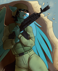 Size: 1146x1408 | Tagged: safe, artist:pixxpal, oc, oc only, oc:enduro elite, pegasus, anthro, action, army, black mane, blue eyes, clothes, commission, gun, pegasus oc, weapon