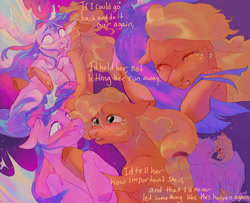 Size: 1600x1300 | Tagged: safe, artist:abbytabbys, applejack, twilight sparkle, alicorn, earth pony, pony, fanfic:broken destiny, g4, alternate universe, applejack's hat, artificial horn, artificial wings, augmented, blank eyes, blonde mane, broken destiny au, colored hooves, corrupted, corrupted twilight sparkle, cowboy hat, crying, dialogue, duo, duo female, ethereal body, ethereal horn, ethereal mane, ethereal tail, fanfic art, female, floppy ears, freckles, frown, glowing, glowing body, glowing eyes, glowing horn, glowing mane, glowing tail, glowing wings, green eyes, hair tie, hat, hatless, holding, hooves, horn, hug, lesbian, long mane, looking at each other, looking at someone, magic, magic eyes, magic horn, magic wings, mare, missing accessory, no pupils, open frown, open mouth, orange coat, orange hooves, ponytail, purple coat, purple eyes, purple hooves, raised hoof, raised hooves, regret, shiny mane, shiny tail, ship:twijack, shipping, sitting, sparkles, sparkly body, sparkly mane, sparkly tail, stetson, straight mane, tail, talking, three quarter view, three toned mane, tied mane, transformed, twilight sparkle (alicorn), unshorn fetlocks, unstable magic, wall of tags, winghug, wings, yellow text