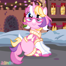 Size: 9000x9000 | Tagged: safe, artist:audreen, oc, oc only, oc:cozy glam, pony, unicorn, glasses, horn, outdoors, snow, solo, string lights