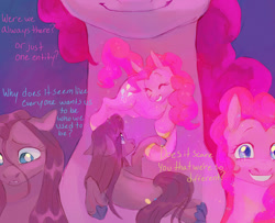 Size: 1600x1300 | Tagged: safe, artist:abbytabbys, pinkie pie, earth pony, pony, fanfic:broken destiny, g4, alternate universe, blue eyes, blue hooves, blue pupils, blue text, broken destiny au, bust, colored hooves, colored pupils, crying, curly mane, curly tail, dialogue, duality, eye clipping through hair, eyelashes, facing you, fanfic art, female, floppy ears, frown, glowing, glowing body, glowing mane, glowing tail, gradient background, hoof heart, hooves, looking at someone, looking at you, looking away, mare, multiple angles, pink coat, pink mane, pink tail, pink text, pinkamena diane pie, profile, self paradox, self ponidox, self reflection, shiny mane, shiny tail, smiling, smiling at someone, smiling at you, sparkles, sparkly body, sparkly coat, sparkly eyes, sparkly mane, sparkly tail, straight mane, straight tail, tail, talking, three quarter view, transformed, underhoof, unshorn fetlocks, wall of tags, white pupils, wingding eyes, yellow hooves, yellow text