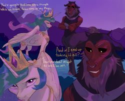 Size: 1600x1300 | Tagged: safe, artist:abbytabbys, lord tirek, princess celestia, alicorn, centaur, pony, taur, fanfic:broken destiny, g4, alternate universe, beard, black fur, black sclera, broken destiny au, colored eyebrows, crown, cuffs, dialogue, duo, duo male and female, ethereal mane, ethereal tail, eyelashes, eyes closed, facial hair, fanfic art, fangs, feathered wings, female, floppy ears, flowing mane, flowing tail, folded wings, horn, horns, jewelry, large wings, long horn, looking at you, looking down, looking up, looking up at you, male, mare, mountain, mountain range, nose piercing, nose ring, orange text, outdoors, partially open wings, peytral, piercing, profile, purple eyes, red skin, regalia, septum piercing, shiny hair, shiny mane, shiny tail, smiling, standing, tail, talking, this will not end well, three quarter view, tiara, transformed, unicorn horn, white coat, wings, yellow eyes, yellow text