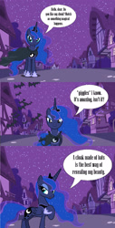 Size: 1285x2523 | Tagged: safe, artist:dashiesparkle, artist:fruft, princess luna, alicorn, pony, g4, 3 panel comic, bat cloak, cloak, clothes, comic, female, mare, night, outdoors, ponyville, solo, talking to viewer