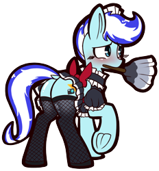 Size: 1968x2121 | Tagged: safe, artist:chiefywiffy, oc, oc only, oc:snowy pop, pegasus, pony, blue eyes, blushing, bow, bowtie, clothes, commission, crossdressing, duster, embarrassed, fishnet clothing, fishnet stockings, maid, maid headdress, male, pegasus oc, simple background, solo, stockings, thigh highs, transparent background, two toned mane, ych result