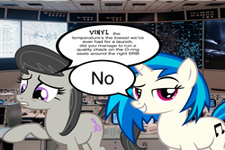 Size: 2048x1365 | Tagged: safe, artist:epicheavytf2, artist:pyrogaming, dj pon-3, octavia melody, vinyl scratch, earth pony, pony, unicorn, g4, absolutenutcase162, black text, computer, computer room, duo, female, horn, irl, looking at you, mare, meme, mission control center, nasa, photo, ponies in real life, ponified, ponified meme, screen, shitposting, smiling, smug, speech bubble, text, this will end in death, this will end in explosions, this will end in tears, this will end in tears and/or death, worried, wrong aspect ratio