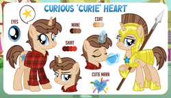 Size: 4632x2661 | Tagged: safe, artist:jennieoo, oc, oc:curious heart, pony, unicorn, g4, armor, blue eyes, brown mane, character name, commission, cup, cutie mark, drink, eyelashes, female, female oc, flannel shirt, guardsmare, horn, looking at you, looking away, magic, magic aura, mare, mare oc, pony oc, reference sheet, resting bitch face, royal guard, show accurate, solo, spear, teacup, telekinesis, unicorn oc, vector, weapon