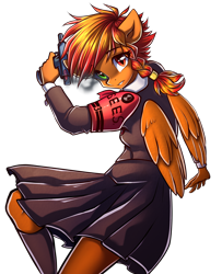 Size: 3508x4320 | Tagged: safe, artist:chaosangeldesu, oc, oc only, oc:flaming hoof, pegasus, anthro, braid, clothes, cosplay, costume, gun, heterochromia, persona, persona 3, simple background, skirt, solo, transparent background, weapon