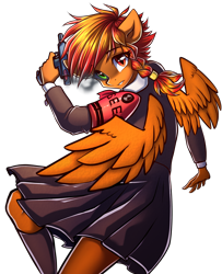 Size: 3508x4320 | Tagged: safe, artist:chaosangeldesu, oc, oc only, oc:flaming hoof, pegasus, anthro, braid, clothes, commission, cosplay, costume, gun, heterochromia, persona, persona 3, simple background, skirt, solo, spread wings, transparent background, weapon, wings