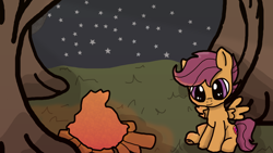 Size: 1920x1080 | Tagged: safe, artist:background_pon3, scootaloo, pegasus, pony, g4, campfire, cute, female, filly, fire, foal, forest, moon, nature, night, outdoors, shading, solo, stars, tree, wings