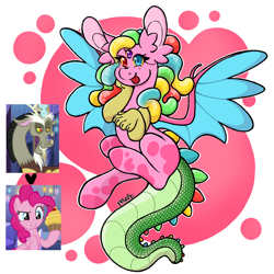 Size: 1200x1200 | Tagged: safe, artist:petaltheartist, discord, pinkie pie, oc, oc:sour bubble tootsie pop, draconequus, g4, cupcake, food, interspecies offspring, offspring, parent:discord, parent:pinkie pie, parents:discopie, third eye