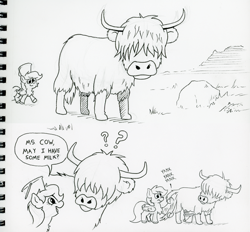 Size: 944x877 | Tagged: safe, artist:lost marbles, derpy hooves, cow, pegasus, pony, g4, black and white, bucket, comic, dialogue, grayscale, highland cow, horns, monochrome, tail, traditional art