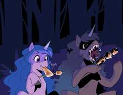 Size: 1531x1184 | Tagged: safe, artist:aztrial, izzy moonbow, oc, oc:mimic izzy, pony, unicorn, g5, doppelganger, duo, duo female, eating, female, forest, horn, long legs, mare, nature, night, nom, open mouth, outdoors, ribs, sharp teeth, sitting, skinny, teeth, thin, tree, unitober 2024, unshorn fetlocks