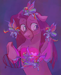 Size: 1300x1600 | Tagged: safe, artist:abbytabbys, pinkie pie, rainbow dash, butterfly, butterfly pony, earth pony, hybrid, pegasus, pony, fanfic:broken destiny, g4, alternate hairstyle, alternate universe, bangs, blue coat, blue eyes, blue hooves, broken destiny au, butterfly wings, colored hooves, colored wings, duo, duo female, eyelashes, fanfic art, female, flying, glimmer wings, gradient background, half body, heart, hoof heart, hooves, lesbian, looking at each other, looking at someone, mare, metaphor, multicolored hair, multicolored mane, multicolored wings, pink coat, pink mane, pinkamena diane pie, rainbow hair, rainbow tail, rainbow wings, shiny mane, ship:pinkiedash, shipping, short hair rainbow dash, short mane, sidebangs, sitting on head, size difference, solo focus, spiky mane, spread wings, straight mane, tail, transformed, underhoof, unshorn fetlocks, white pupils, wings