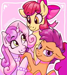 Size: 1696x1896 | Tagged: safe, artist:angietswing, apple bloom, scootaloo, sweetie belle, earth pony, pegasus, pony, unicorn, g4, abstract background, best friends, bracelet, cutie mark crusaders, female, friends, horn, jewelry, mare, necklace, older, older apple bloom, older cmc, older scootaloo, older sweetie belle, pearl necklace, trio, trio female