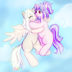 Size: 2100x2100 | Tagged: safe, artist:audreen, oc, oc only, oc:arrow heart, oc:sweet olive, pegasus, pony, unicorn, duo, ear piercing, flying, horn, outdoors, piercing