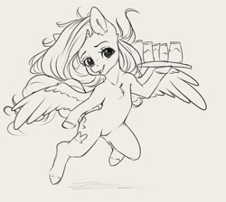 Size: 3609x3228 | Tagged: safe, artist:miokomata, fluttershy, pegasus, pony, g4, cute, drink, female, flying, gray background, grayscale, mare, monochrome, serving tray, shyabetes, simple background, smiling, solo, spread wings, wings