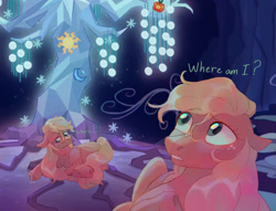 Size: 1700x1300 | Tagged: safe, artist:abbytabbys, applejack, tree of harmony, earth pony, pony, fanfic:broken destiny, g4, alternate universe, blonde mane, blonde tail, broken destiny au, cave, colored eyebrows, colored pupils, dialogue, element of honesty, eyebrows, eyelashes, female, floppy ears, freckles, frown, green eyes, green pupils, green text, hatless, indoors, long mane, long tail, looking away, looking down, looking up, lying down, mare, missing accessory, orange coat, prone, raised eyebrow, raised hoof, screencap background, shiny mane, shiny tail, solo, tail, talking, waking up