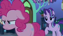 Size: 1920x1080 | Tagged: safe, screencap, pinkie pie, starlight glimmer, earth pony, unicorn, g4, the maud couple, duo, duo female, female, floppy ears, frown, horn, pinkie pie is not amused, standing, starlight's room, twilight's castle, unamused