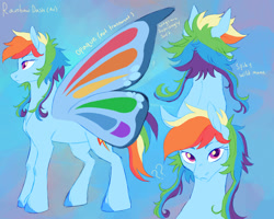 Size: 2000x1600 | Tagged: safe, artist:abbytabbys, part of a set, rainbow dash, butterfly, butterfly pony, hybrid, pony, fanfic:broken destiny, g4, alternate hairstyle, alternate universe, blue hooves, broken destiny au, butterfly wings, colored eyebrows, colored hooves, colored pupils, colored wings, eyebrows, eyebrows visible through hair, eyelashes, female, frown, glimmer wings, hooves, looking at you, mare, multicolored hair, multicolored mane, multicolored tail, multicolored wings, multiple angles, pink eyes, profile, purple pupils, question mark, rainbow hair, rainbow tail, rainbow wings, rear view, reference sheet, short hair rainbow dash, short mane, solo, sparkles, spiky mane, spread wings, standing, tail, three quarter view, transformed, unshorn fetlocks, wings, yellow text