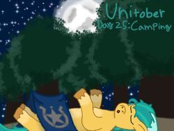 Size: 1080x810 | Tagged: safe, artist:shucku, hitch trailblazer, earth pony, unicorn, g5, horn, male, meme, messy mane, moon, night, outdoors, pitching a tent, ponified meme, solo, stallion, stars, tree, unitober 2024