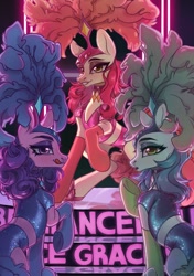 Size: 1353x1920 | Tagged: artist needed, safe, emerald flare, sapphire sequins, sunset circus, earth pony, pony, g4, bedroom eyes, burlesque, clothes, costume, eyeshadow, female, licking, licking lips, looking at you, makeup, mare, midriff, plume, show mares, smiling, smiling at you, sultry pose, tongue out, trio