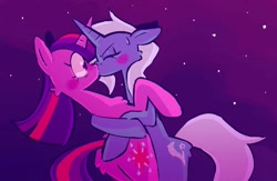 Size: 1229x801 | Tagged: safe, artist:tricky_cannon, trixie, twilight sparkle, pony, unicorn, my little pony the movie: the death of twilight sparkle, g4, duo, female, horn, kiss on the lips, kissing, lesbian, outdoors, ship:twixie, shipping, stars