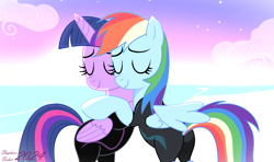 Size: 1723x1020 | Tagged: safe, artist:stephen-fisher, rainbow dash, twilight sparkle, alicorn, pegasus, pony, g4, beach, butt, clothes, duo, duo female, eyes closed, female, hug, lesbian, mare, outdoors, plot, ship:twidash, shipping, swimsuit, twilight sparkle (alicorn), wetsuit