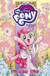 Size: 1400x2125 | Tagged: safe, artist:brenda hickey, idw, official comic, pinkie pie, crystal pony, earth pony, human, pony, seapony (g4), series:best of my little pony, equestria girls, g4, my little pony: the movie, official, bow, clothes, comic cover, cover, cover art, crystallized, cute, diapinkes, dorsal fin, female, filly, filly pinkie pie, fin, fish tail, flower, flowing mane, flowing tail, foal, grin, hair bow, high res, mare, multeity, my little pony logo, older, older pinkie pie, open mouth, open smile, rainbow power, rainbow power-ified, seaponified, seapony pinkie pie, smiling, species swap, swimming, tail, toga, younger