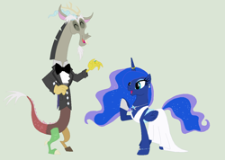 Size: 1198x851 | Tagged: safe, artist:marvelous-mystery, artist:selenaede, discord, princess luna, alicorn, draconequus, pony, g4, 2015, base used, bowtie, clothes, cummerbund, dress, duo, duo male and female, female, horn, horn ring, jewelry, male, marriage, needs more jpeg, raised hoof, recolor, regalia, ring, ruffled shirt, ship:lunacord, shipping, straight, suit, tuxedo, wedding, wedding dress, wedding ring, wedding suit