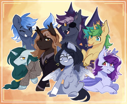 Size: 2281x1883 | Tagged: safe, artist:sunny synopsis, oc, oc:brass tacks, oc:bright eyes, oc:gloomy, oc:lavender, oc:nox, oc:quick tie, oc:riptide, bat pony, earth pony, unicorn, clothes, cute, cute little fangs, daaaaaaaaaaaw, eyepatch, fangs, female, glare, glasses, group, group photo, horn, male, mare, multicolored hair, smiling, stallion, sweater, tongue out