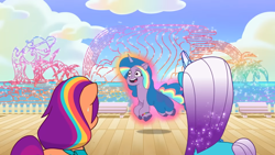 Size: 1920x1080 | Tagged: safe, screencap, comet (g5), izzy moonbow, sunny starscout, auroricorn, earth pony, pony, unicorn, g5, my little pony: tell your tale, the water park, spoiler:g5, spoiler:my little pony: tell your tale, spoiler:tyts02e23, back of head, boardtrot, day, female, horn, imagining, izzy rainbow, levitation, magic, male, mane stripe sunny, mare, ocean, open mouth, open smile, outdoors, self-levitation, smiling, stallion, sunny's bag, telekinesis, transformation, trio, water