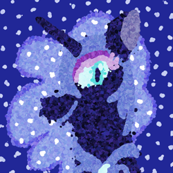 Size: 1000x1000 | Tagged: safe, artist:mintwhistle, nightmare moon, alicorn, pony, mlp fim's fourteenth anniversary, g4, abstract background, armor, ethereal mane, eyeshadow, female, helmet, horn, krita, makeup, mare, pointillism, slit pupils, smiling, solo, stars