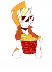 Size: 1200x1670 | Tagged: safe, artist:pony quarantine, oc, oc only, oc:dyx, alicorn, pony, choker, clothes, eating, female, filly, foal, food, herbivore, jacket, popcorn, popcorn bucket, simple background, sitting, solo, sunglasses, white background