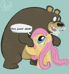 Size: 1426x1524 | Tagged: safe, artist:amynewblue, fluttershy, bear, pegasus, pony, g4, :c, blue background, cocaine, cocaine bear, crying, drugs, fat, female, fluttershy being fluttershy, foaming at the mouth, frown, hug, larger male, mare, open mouth, physique difference, pinpoint eyes, signature, simple background, size difference, smaller female, speech bubble, thin