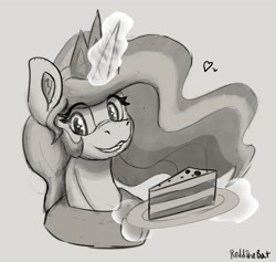 Size: 2013x1909 | Tagged: safe, artist:reddthebat, princess celestia, alicorn, pony, g4, cake, cakelestia, ear fluff, female, food, glowing, glowing horn, gray background, grayscale, grin, horn, looking at you, magic, mare, monochrome, simple background, smiling, smiling at you, solo, sternocleidomastoid, telekinesis