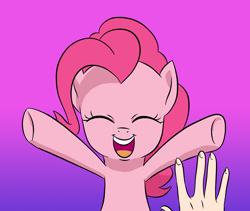 Size: 1458x1231 | Tagged: safe, artist:doublewbrothers, pinkie pie, earth pony, human, pony, g4, cropped, eyes closed, female, gradient background, hand, incoming hug, mare, solo focus, teeth, tongue out