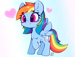 Size: 4000x3000 | Tagged: safe, artist:zokkili, rainbow dash, pegasus, pony, g4, beanbrows, cute, dashabetes, ear fluff, eyebrows, eyebrows visible through hair, female, heart, high res, mare, raised hoof, signature, smiling, solo, spread wings, tail, wings