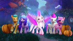 Size: 768x432 | Tagged: safe, hitch trailblazer, izzy moonbow, pipp petals, sunny starscout, zipp storm, alicorn, earth pony, pegasus, pony, unicorn, g5, my little pony: bridlewood rp, official, 3d, alternate design, alternate hairstyle, artificial horn, artificial wings, augmented, bridlewood, diverse body types, forest, horn, magic, magic horn, magic wings, mane five, nature, nightmare night, outdoors, outright games, pumpkin, race swap, roblox, slender, sunnycorn, thin, tree, unshorn fetlocks, wings