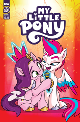 Size: 2063x3131 | Tagged: safe, artist:trish forstner, idw, official comic, pipp petals, zipp storm, pegasus, pony, g5, official, spoiler:comic, spoiler:g5comic, spoiler:g5comic20, colored hooves, comic cover, cover, cover art, duo, duo female, female, gold hooves, height difference, high res, hooves, looking at each other, looking at someone, mare, microphone, my little pony logo, neon, open mouth, open smile, pipp is chubby, pipp is short, royal sisters (g5), siblings, silver hooves, sisters, smiling, spread wings, text, unshorn fetlocks, wings