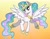 Size: 2206x1701 | Tagged: safe, artist:banquo0, princess celestia, alicorn, pony, g4, crown, female, flowing mane, flying, gradient background, horn, jewelry, regalia, smiling, solo, spread wings, wings