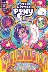 Size: 2063x3131 | Tagged: safe, artist:sophie scruggs, idw, official comic, fretlock, minty (g5), pipp petals, ruby jubilee, pegasus, pony, snail, g5, my little pony: bridlewoodstock, official, spoiler:comic, spoiler:g5, spoiler:g5comic, banjo, bridlewoodstock, cherry, color porn, colorful, comic cover, cover, cover art, diadem, dreadlocks, female, flower, food, garland, guitar, headband, heart, high res, jewelry, mare, music notes, musical instrument, my little pony logo, peace symbol, regalia, smiley face