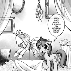 Size: 1200x1200 | Tagged: safe, artist:anonymous, sea swirl, seafoam, pony, unicorn, canterlot boutique, g4, blushing, clothes, drawthread, dress, female, grayscale, horn, indoors, mare, monochrome, nervous, one-panel comic, ponified, ponified manga, ponyquin, raised hoof, requested art, scene interpretation, solo, speech bubble, wedding dress