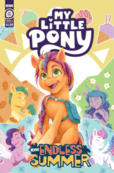 Size: 2063x3131 | Tagged: safe, artist:natalie haines, idw, official comic, hitch trailblazer, izzy moonbow, pipp petals, sunny starscout, zipp storm, earth pony, pegasus, pony, unicorn, g5, idw endless summer—my little pony, official, spoiler:comic, spoiler:g5, spoiler:g5comic, autumn, bag, blaze (coat marking), bracelet, cherry, chubby, coat markings, colored eyebrows, colored wings, comic cover, concave belly, cover, cover art, cute, diverse body types, eyebrows, eyes closed, facial markings, female, flower, fluttershy's cutie mark, flying, food, friendship bracelet, group, high res, hoof fluff, horn, ice cream, ice cream cone, jewelry, leaves, looking at you, male, mane five, mane physics, mane stripe sunny, mare, multicolored wings, my little pony logo, open mouth, open smile, pale belly, physique difference, pocky, quintet, rainbow dash's cutie mark, raised hoof, royal sisters (g5), saddle bag, seasons, siblings, signature, sisters, sitting, slender, smiling, smiling at you, snow, snowflake, socks (coat markings), spread wings, spring, sprinkles, stallion, summer, sun, sunnybetes, thin, twilight sparkle's cutie mark, unshorn fetlocks, wings, winter