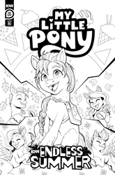 Size: 2063x3131 | Tagged: safe, artist:natalie haines, idw, official comic, hitch trailblazer, izzy moonbow, pipp petals, sunny starscout, zipp storm, earth pony, pegasus, pony, unicorn, g5, idw endless summer—my little pony, official, spoiler:comic, spoiler:g5, spoiler:g5comic, autumn, bag, bracelet, cherry, comic cover, cover, cover art, cute, eyes closed, female, flower, food, friendship bracelet, grayscale, high res, horn, ice cream, ice cream cone, jewelry, leaves, male, mane five, mare, monochrome, my little pony logo, open mouth, open smile, pocky, saddle bag, seasons, smiling, snow, snowflake, spring, sprinkles, stallion, summer, sun, unshorn fetlocks, winter