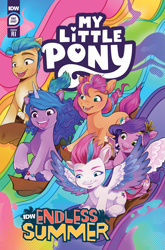 Size: 2063x3131 | Tagged: safe, artist:luciannys camacho, idw, official comic, hitch trailblazer, izzy moonbow, pipp petals, sunny starscout, zipp storm, earth pony, pegasus, pony, unicorn, g5, idw endless summer—my little pony, official, spoiler:comic, spoiler:g5, spoiler:g5comic, coat markings, comic cover, cover, cover art, female, happy, high res, horn, male, mane five, mane stripe sunny, mare, my little pony logo, open mouth, open smile, rainbow background, smiling, socks (coat markings), stallion, surfing, unshorn fetlocks