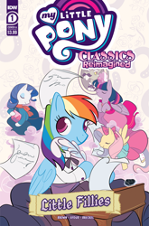 Size: 2063x3131 | Tagged: safe, artist:jenna ayoub, idw, official comic, accord, fluttershy, rainbow dash, rarity, twilight sparkle, alicorn, pony, g4, my little pony classics reimagined: little fillies, official, spoiler:comic, clothes, comic cover, cover, cover art, dress, facial hair, high res, little women, moustache, my little pony logo, quill, quill pen, suit, twilight sparkle (alicorn)